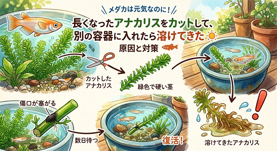 長くなったアナカリスをカットして、別の容器に入れたら溶けてきた